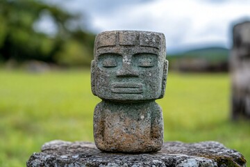 Ancient stone idol statue with geometric face design in natural outdoor setting. Archaeological artifact in green meadow landscape. Pre-Columbian art concept with copy space