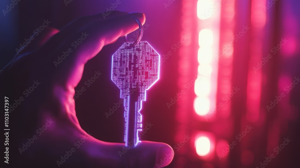 Poster futuristic digital key illuminated with neon colors and code patterns