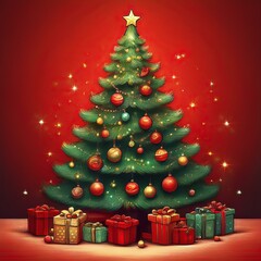 Obraz premium Christmas tree with lights, baubles and gifts on a red background, square illustration 