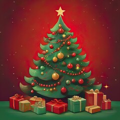 Fototapeta premium Christmas tree with lights, baubles and gifts on a red background, square illustration 