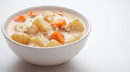 Creamy chowder with potatoes and carrots in white bowl, delicious and comforting. Perfect for cozy meal or gathering