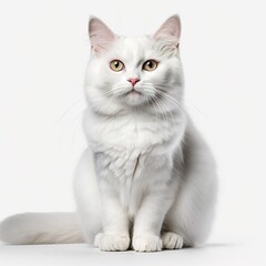 close-up adorable fluffy white cat sitting isolated on white background