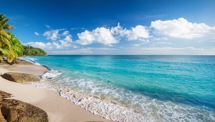 Beautiful tropical beach with palm trees, sunset beach seascape, design template for travel banner.