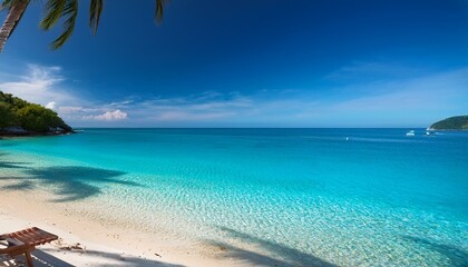 Naklejka premium Beautiful tropical beach with palm trees, sunset beach seascape, design template for travel banner.