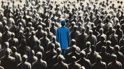 Fototapeta premium Blue silhouette of couple standing in monochrome crowd of different people,surreal unique and different concept,loneliness in society,shadow,freedom,Love,be yourself,Stand out from the crowd.