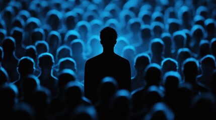 Fototapeta premium Blue silhouette of couple standing in monochrome crowd of different people,surreal unique and different concept,loneliness in society,shadow,freedom,Love,be yourself,Stand out from the crowd.