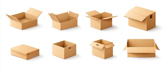 Set of eight empty cardboard boxes in different positions and designs, isolated on white background.