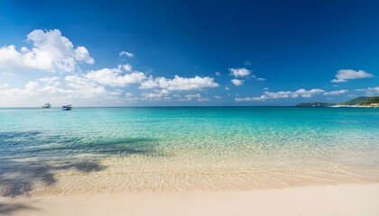 Obraz premium Beautiful tropical beach with palm trees, sunset beach seascape, design template for travel banner.