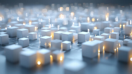 Obraz premium minimalist 3D representation of glowing white cubes on grid, creating serene and futuristic atmosphere. soft lighting enhances depth and dimension of scene