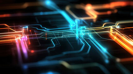Fototapeta premium vibrant network map with glowing paths, showcasing intricate connections and technology. colorful lines represent data flow and digital communication