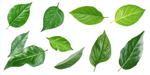 Collection of green leaves isolated on white background.