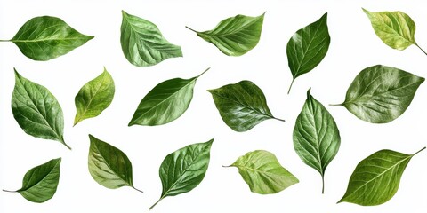 Green leaves with visible veins isolated on a white background.