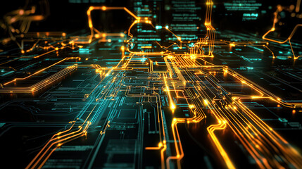 Obraz premium vibrant network map glowing with paths of encryption and data flow, showcasing intricate circuitry and technology. image captures essence of digital connectivity and innovation