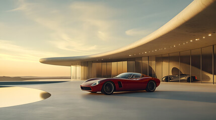 A classic red sports car parked in a luxury villa's modern, curved architecture under a warm sunset, exuding elegance and style..