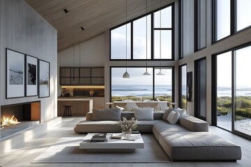 Luxury Beachfront Living Room with Floor-to-Ceiling Windows, Cozy Sectional Sofa, Modern Fireplace, and Stunning Ocean Views in a Minimalist Open-Concept Design.