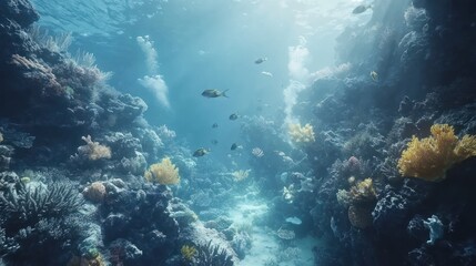 Obraz premium Enthralling Underwater Coral Reef Scene: Vibrant Marine Life and Sunlit Depths