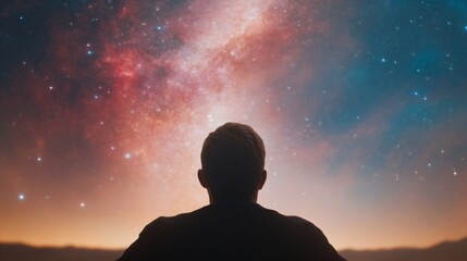 Fototapeta premium Silhouette against cosmic sky with colorful nebula and stars. Dreamy nighttime stargazing scene with aurora-like colors. Astronomy and space exploration concept with copy space
