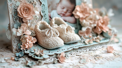 A cute and delicate scrapbook page celebrating the birth of a child, featuring soft pastel colors, charming embellishments, and heartwarming designs perfect for baby memories.