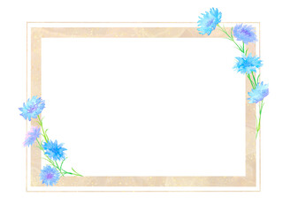 青色の矢車菊で飾ったおしゃれな額縁風フレーム。水彩イラスト。
