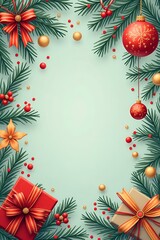 Festive Christmas Border with Baubles and Pine Branches, Holiday Design