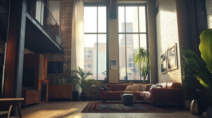 Fototapeta premium Bright and Spacious Modern Living Room with Cozy Sofa and Plants