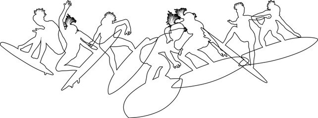 Surfer surfboard boarding female surfers surfing silhouette outlines. Women surf group design concept.