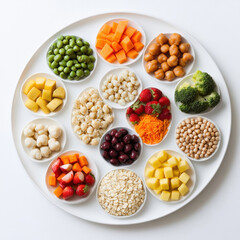 baby-friendly food groups neatly arranged in a plate. grains like rice or oats, colorful fruits like banana, apple and berries, vibrant vegetables