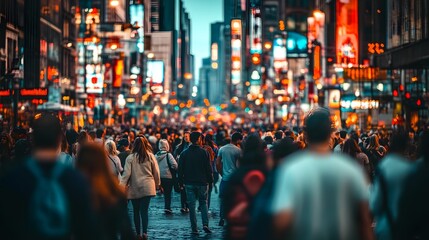 Fototapeta premium A bustling city street filled with people walking under bright neon signs and illuminated skyscrapers, creating an energetic atmosphere. .