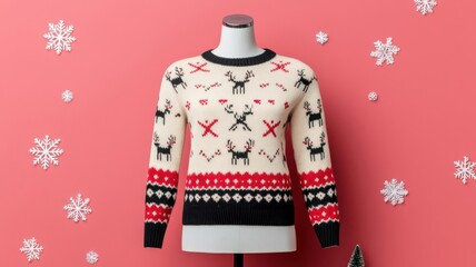 Mockup of a Christmas sweater on a mannequin, with snowflakes and reindeer patterns   Christmas sweater, cozy apparel