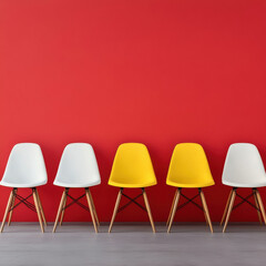 chairs are placed in front of a red wall and the middle chair is yellow.