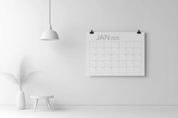 Minimalist wall calendar with large pages, in simple white room