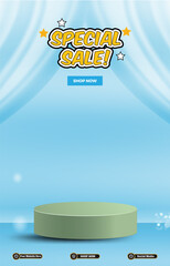 special sale discount portait template banner with blank space 3d podium for social media post product sale with abstract gradient blue background design 12