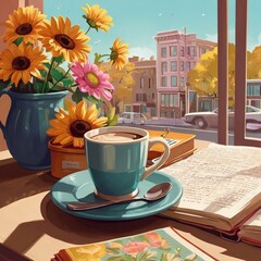 A cup of coffee with a book on a table surrounded by flowers, creating a cozy morning vibe
