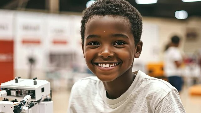 1_Kid Smiling with Robot Project at School Science Fair