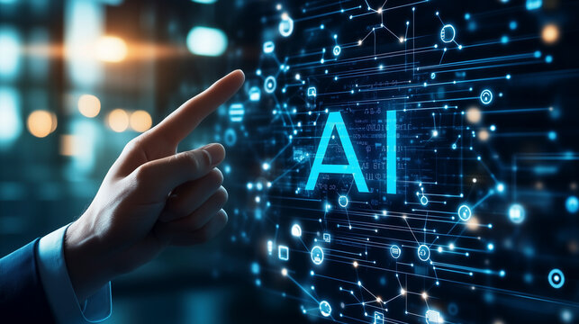 Eine Hand will einen digitalen Bildschirm mit dem Icon AI ber&uuml;hren, holografische Darstellung eines virtuelles Display, das mit k&uuml;nstlicher Intelligenz gesteuert wird