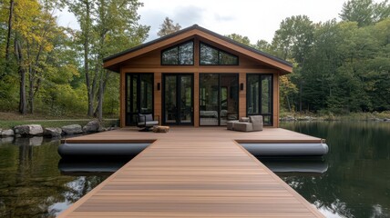 Naklejka premium Modern cabin with a floating deck extending over the lake, creating the perfect spot for fishing or relaxing floating deck, lake fishing retreat