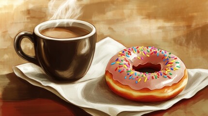 A warm cup of coffee beside a colorful donut on a napkin, evoking a cozy snack moment.