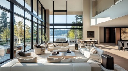 Bright and Modern Living Room with Scenic Lake View and Large Windows
