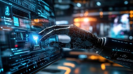 Futuristic robotic arm interacting with holographic interface