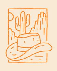 illustration of wild desert with cowboy hat and cactus desert design for t-shirt, badge, patch, sticker, etc