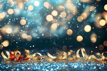 New year and Christmas celebration blue and golden glittering on abstract background and  defocused Bokeh Lights with blank space for text illustration.