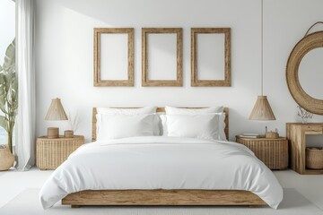 White bed with wooden headboard and frame in a minimal and modern bedroom interior with wicker details.