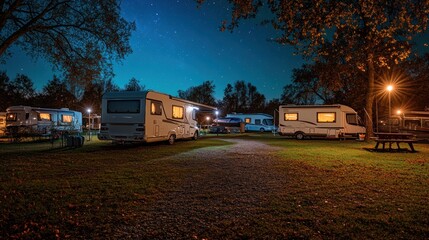 Nighttime RV park with campers under a starry sky.