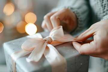 A close-up of hands tying a bow on a Christmas gift.