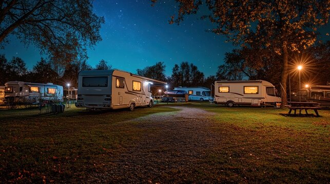 Nighttime RV park with campers under a starry sky.