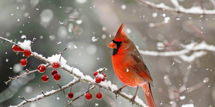 A red cardinal perched on a snowy branch with red berries, winter card