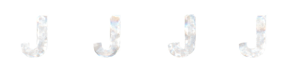 Set of 4 3d letter J with glass distortion and frosted effects isolated on a transparent background. 3d transparent elements for graphic design.