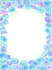 青い矢車菊で囲んだ華やかな花フレーム。春の華やかな縦長の水彩イラスト。