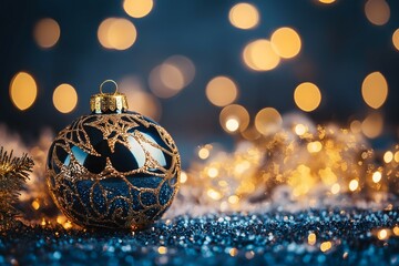 New year and Christmas celebration blue and golden glittering on abstract background and  defocused Bokeh Lights with blank space for text illustration.