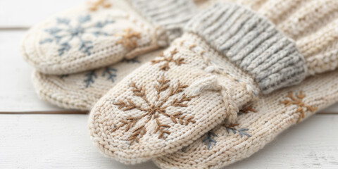 Fototapeta premium knitted mittens with snowflakes embroidered on them on white wooden surface
